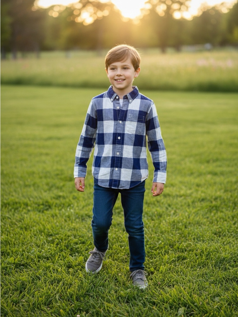 Crewcuts Navy and White Plaid Button-Down Shirt